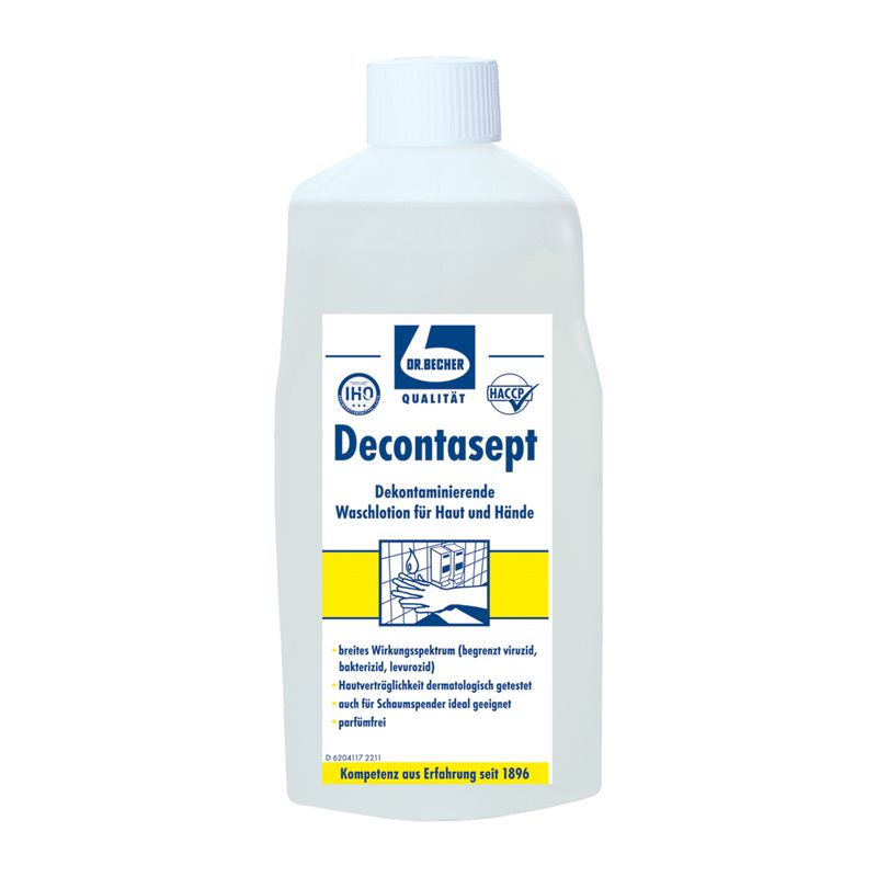 Flasche mit weißem Deckel und Etikett. Aufschrift: Decontasept, Dekontaminierende Waschlotion. Logos: IHO, HACCP, Dr. Becher.