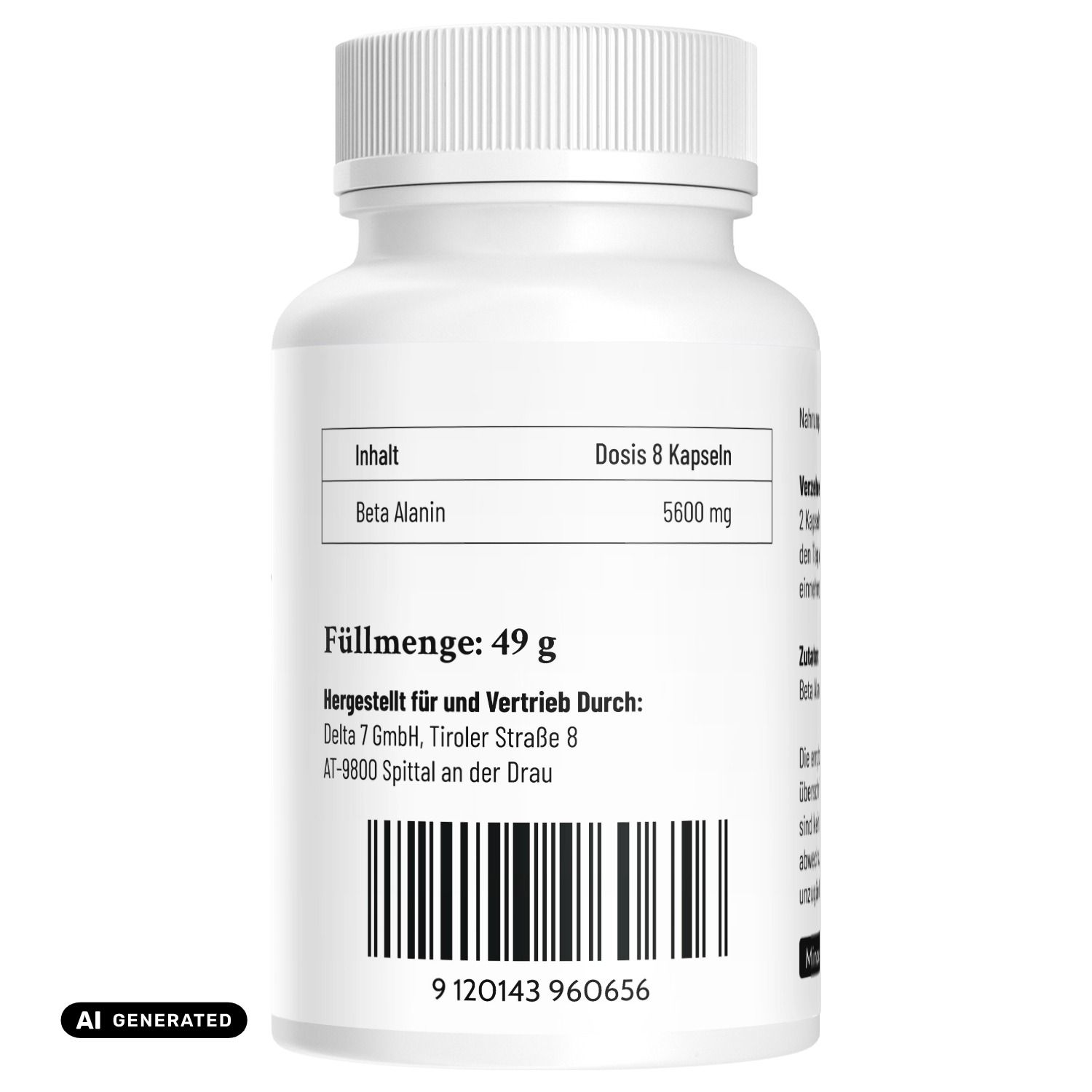 Rückseite einer Dose Beta Alanin Kapseln. Inhalt: 49g. Hersteller: Delta 7 GmbH.