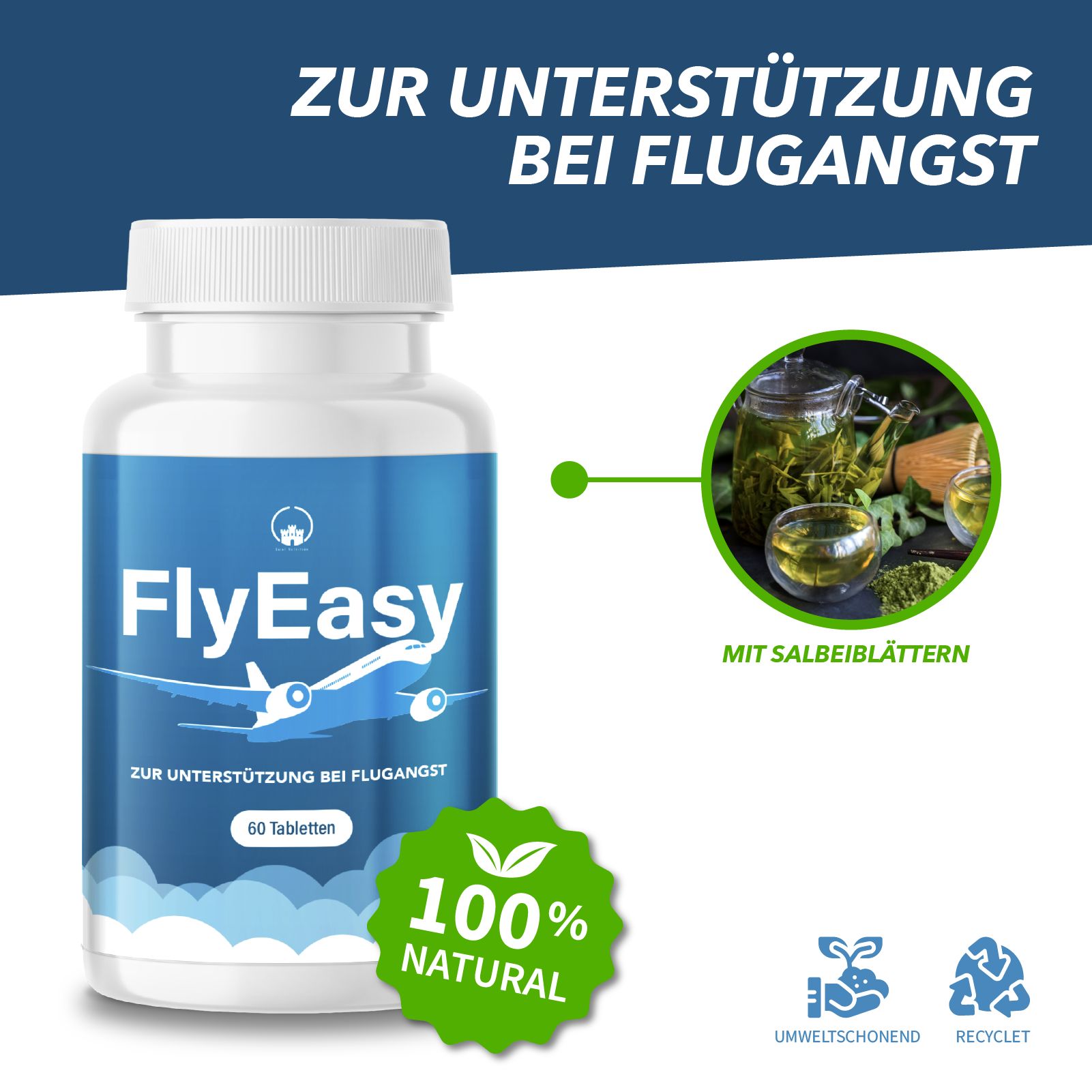 Flasche FlyEasy mit 100% Natural Siegel. Text: Zur Unterstützung bei Flugangst. 60 Tabletten. Illustrationen: Umweltfreundlich, Recyclebar.
