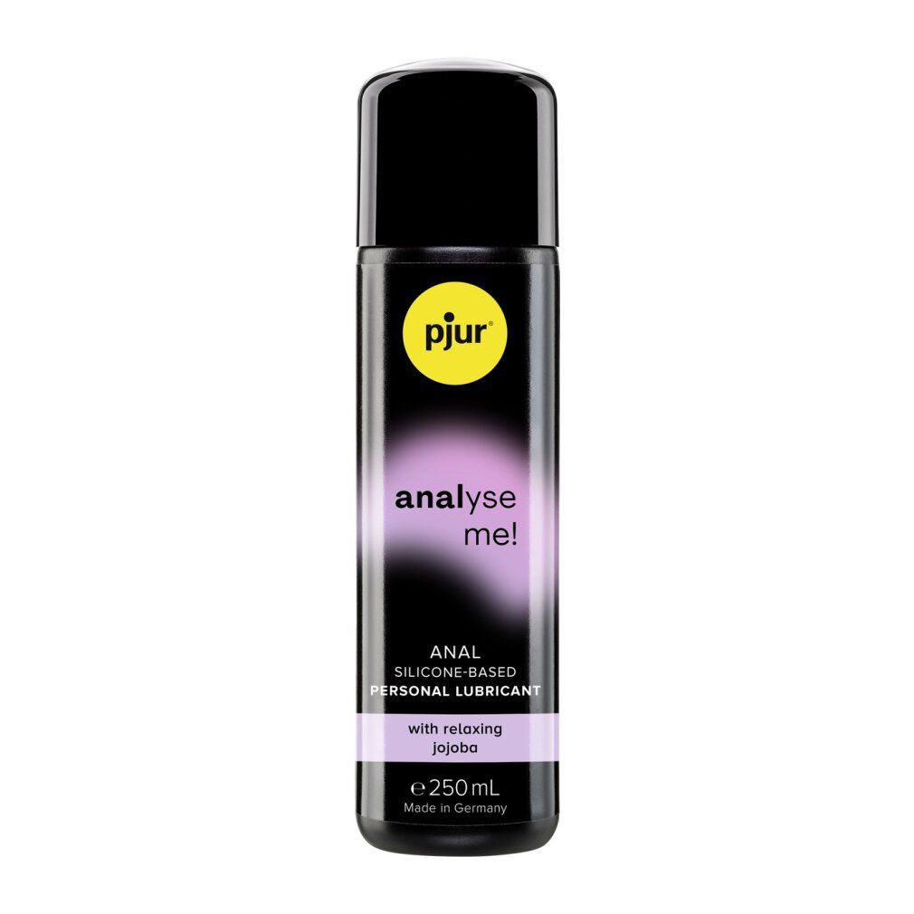 Zylindrische Flasche mit schwarzem Deckel. Aufschrift: pjur, analyse me!, Anal silicone-based personal lubricant. Mit Jojoba.