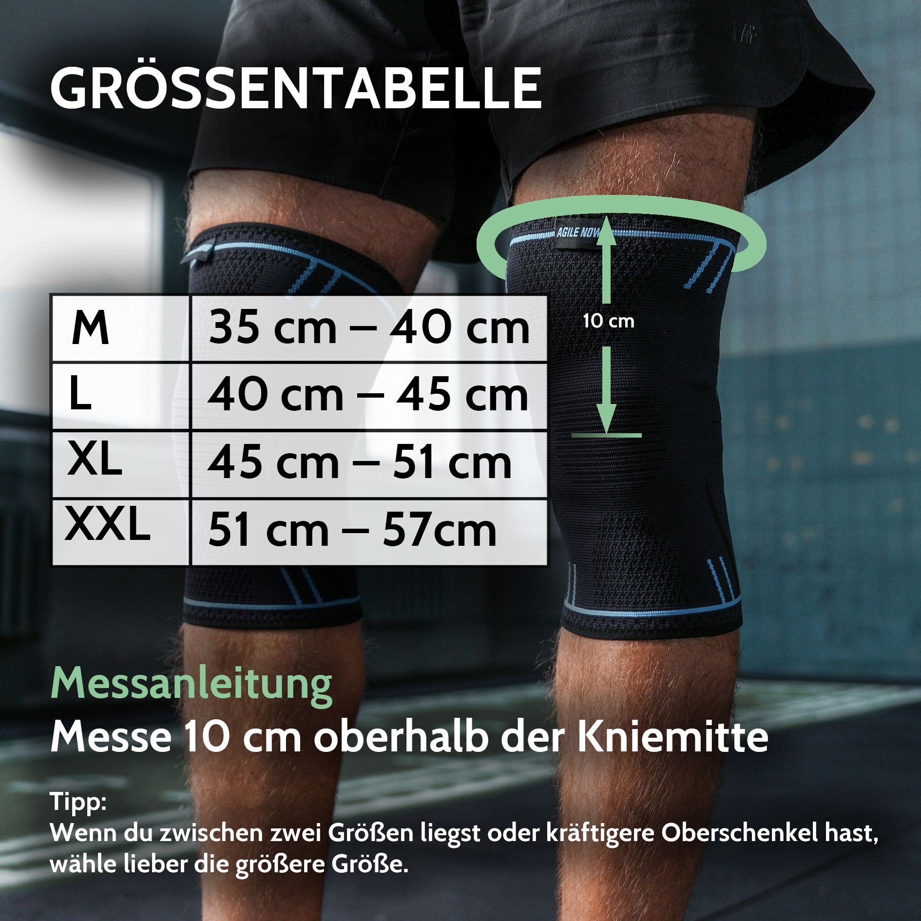 Größentabelle für Kniebandagen. Größen: M (35-40 cm), L (40-45 cm), XL (45-51 cm), XXL (51-57 cm).
