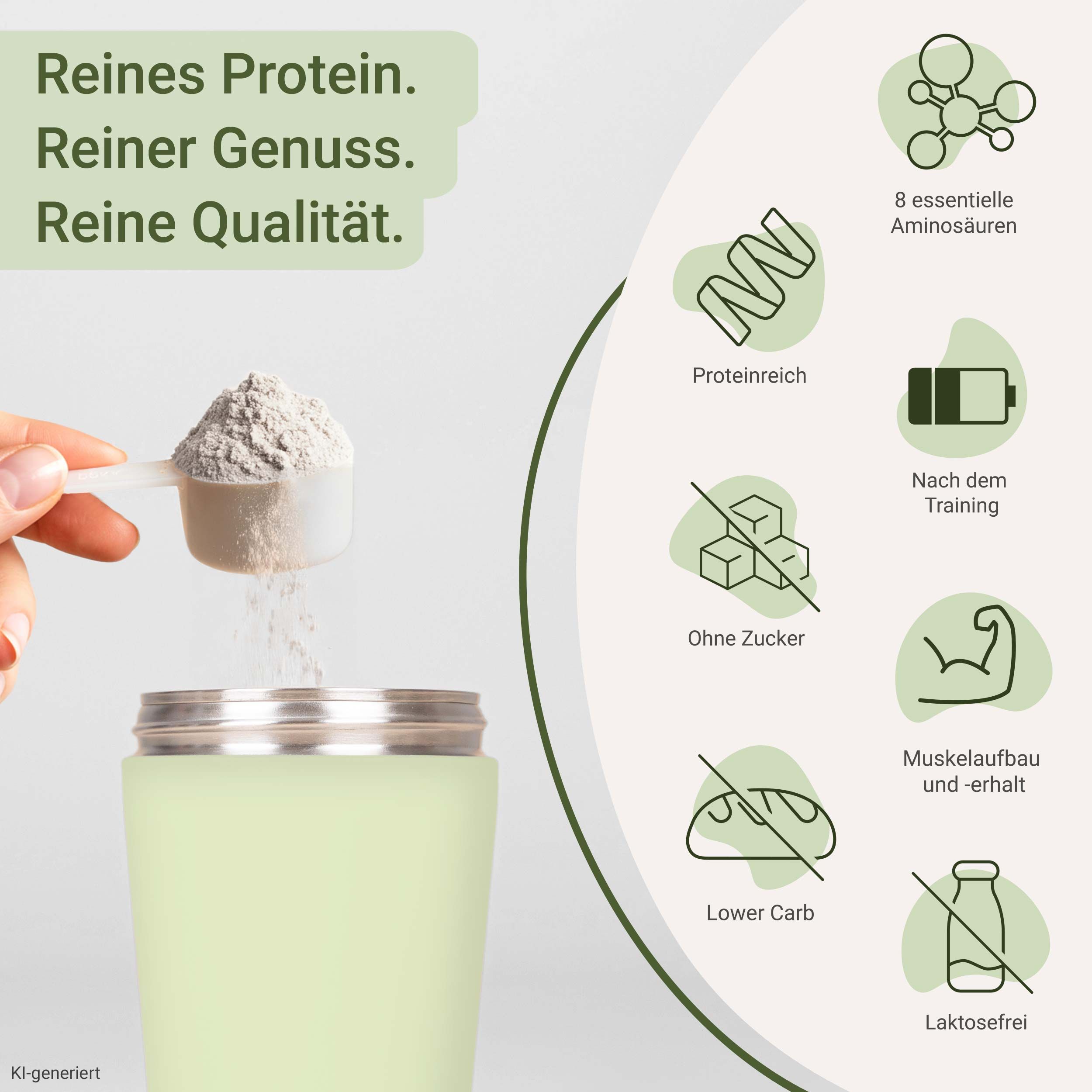 Eine Hand schüttet Proteinpulver in einen Shaker. Icons zeigen Vorteile wie 'Proteinreich' und 'Ohne Zucker'.