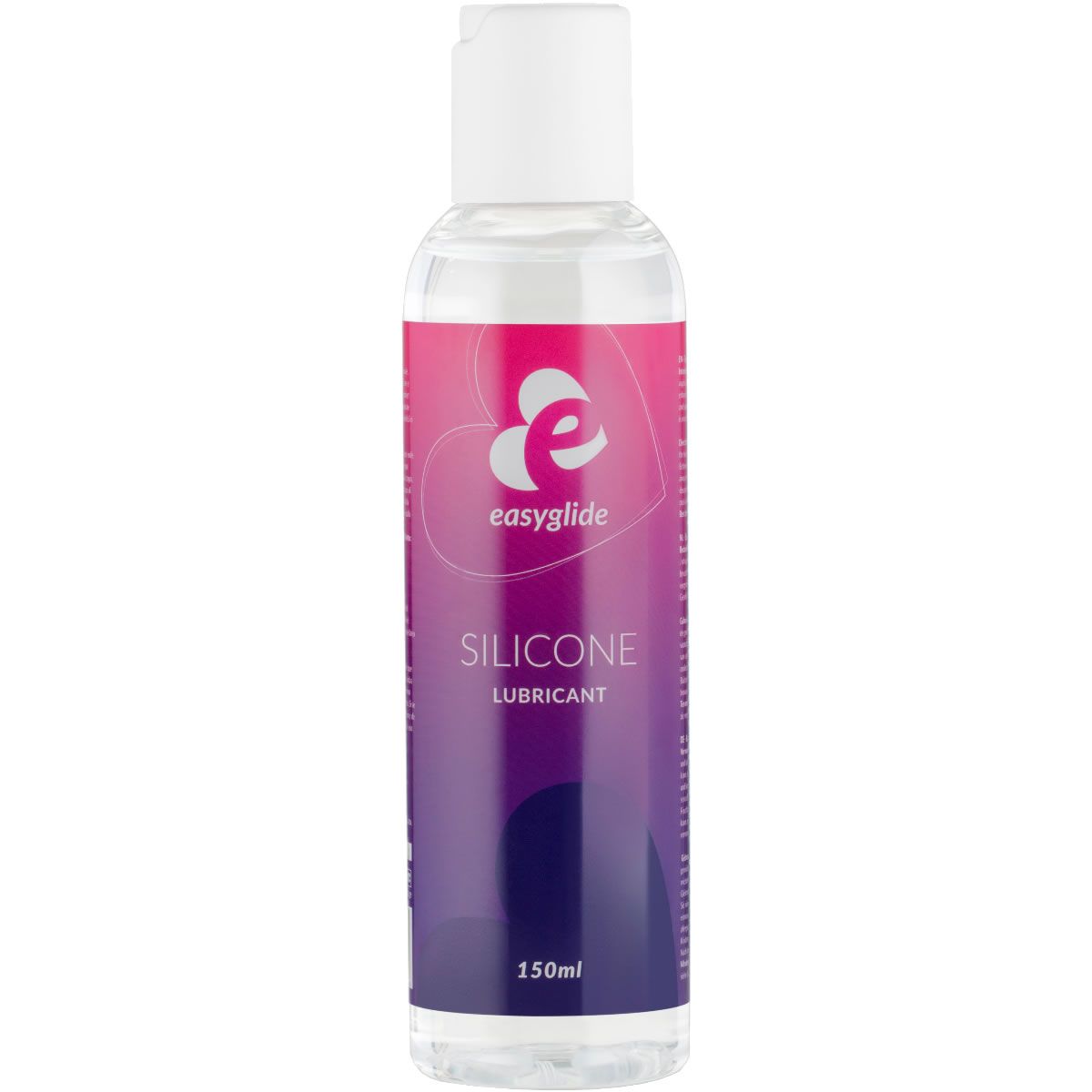 Transparente Flasche mit weißem Deckel. Aufdruck: Easyglide, SILICONE LUBRICANT, 150ml. Farbverlauf von Pink nach Lila.