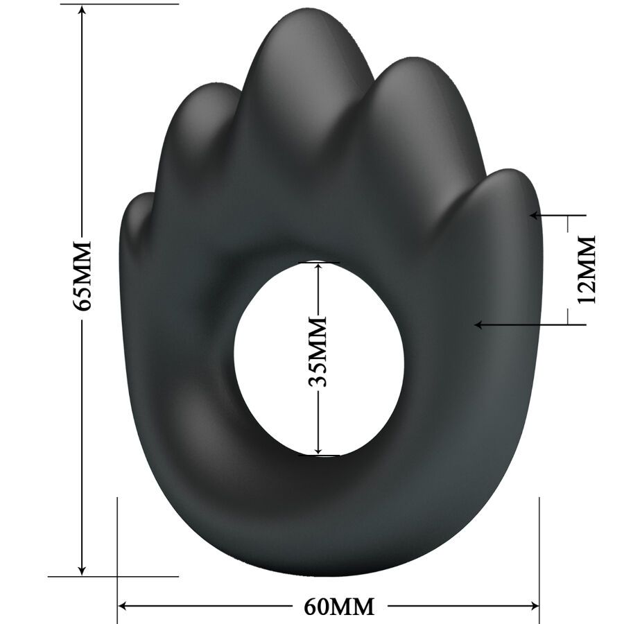 Schwarzer Silikon-Penisring mit Maßangaben. Durchmesser der Öffnung: 35mm, Breite: 60mm, Höhe: 65mm, Dicke: 12mm.