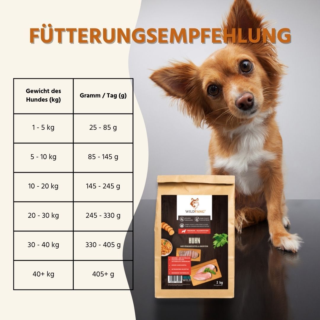 Hund mit Fütterungsempfehlungstabelle für Trockenfutter.