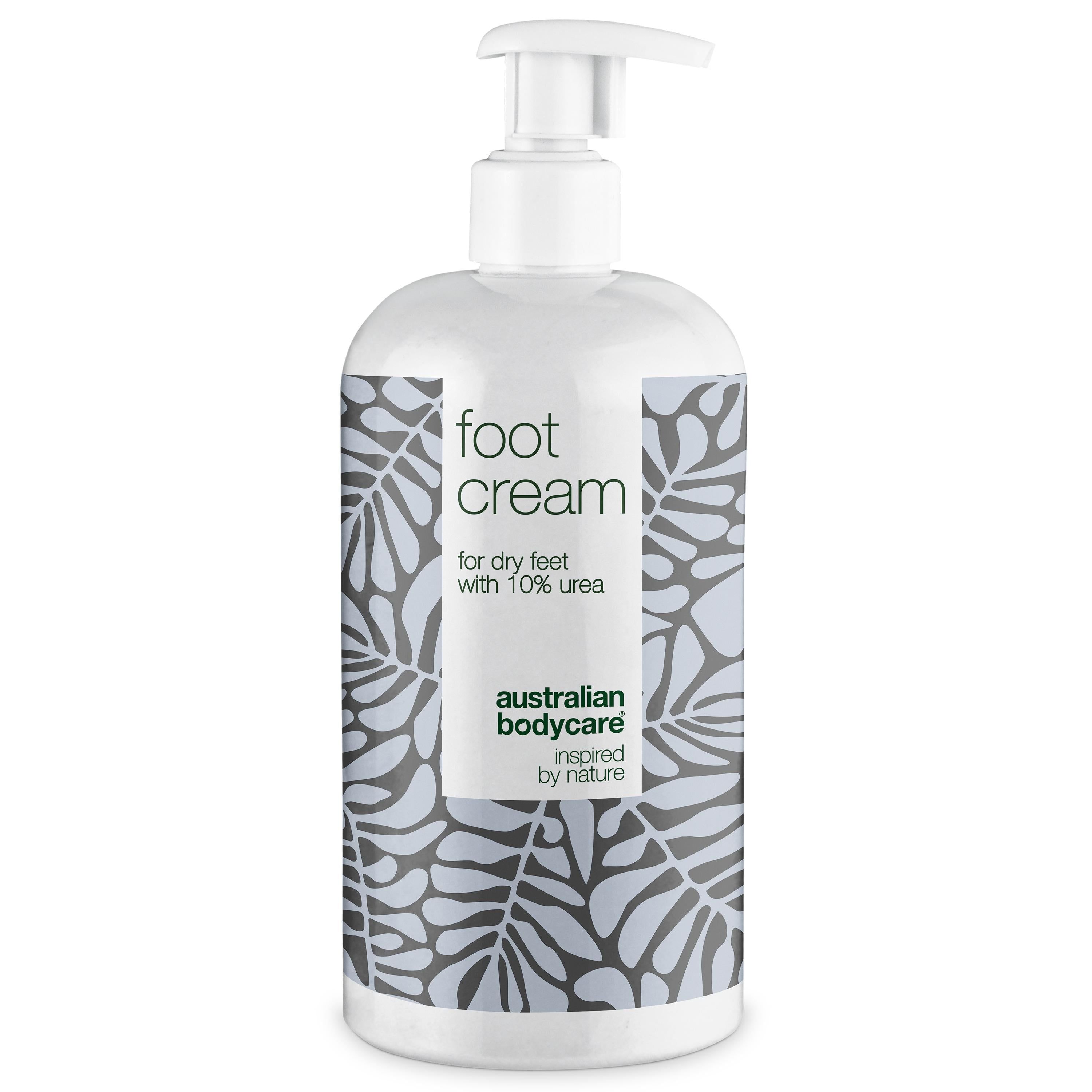 Weiße Flasche mit Pumpverschluss. Aufschrift: foot cream for dry feet with 10% urea. Logo: australian bodycare.