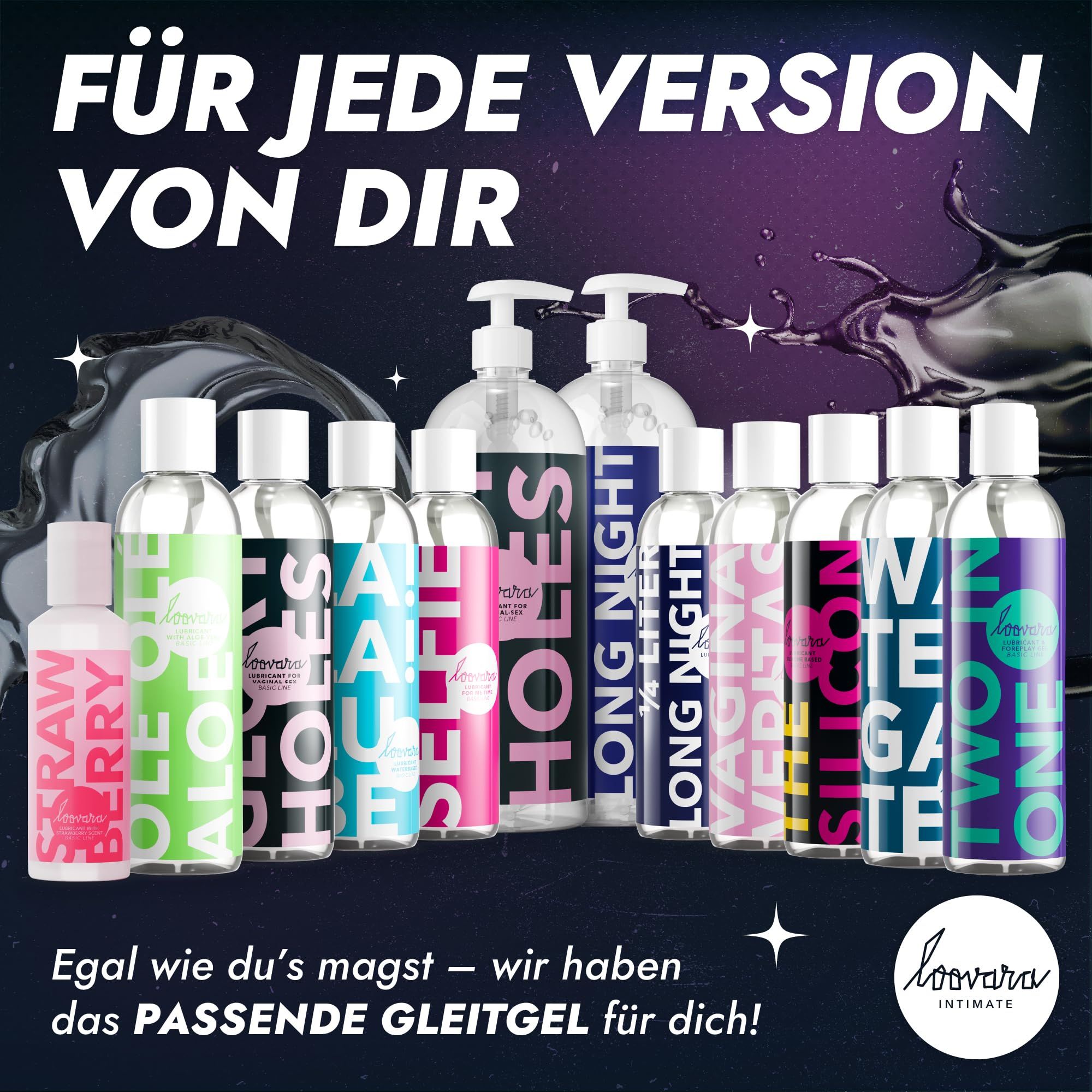 Reihe von Loovara Intimate Gleitgelen in verschiedenen Varianten und Flaschengrößen.