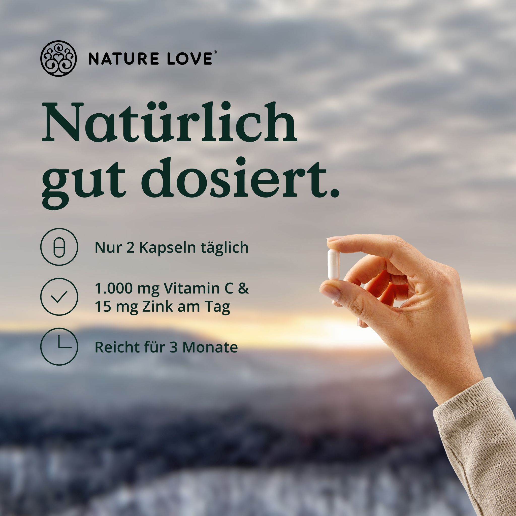 Hand hält eine weiße Kapsel. Text: Nur 2 Kapseln täglich, 1.000 mg Vitamin C & 15 mg Zink am Tag, Reicht für 3 Monate. Hintergrund: verschneite Landschaft.