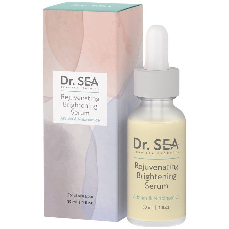 Serumflasche und Verpackung. Aufschrift: Dr. SEA, Rejuvenating Brightening Serum, Arbutin & Niacinamide.