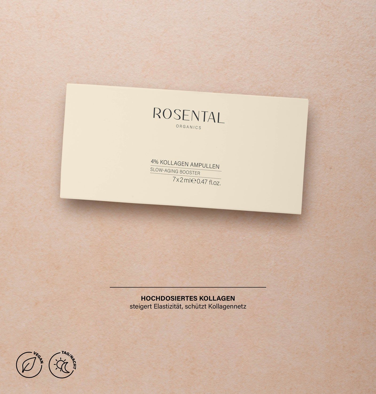Beige Verpackung. Aufschrift: Rosental Organics, 4% Kollagen Ampullen, Slow Aging Booster. 7x2ml, vegan.