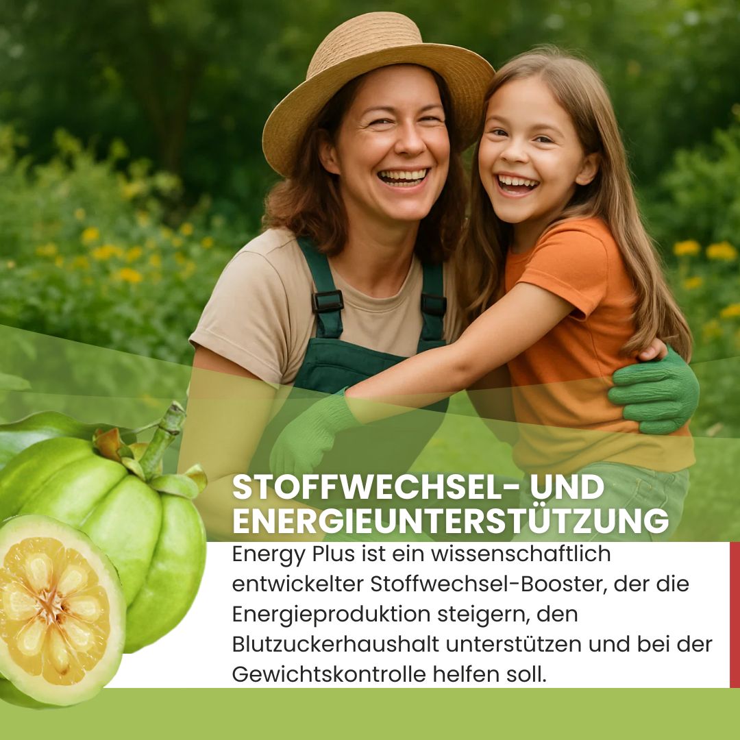 Frau und Kind lächeln im Freien. Text: Stoffwechsel- und Energieunterstützung.