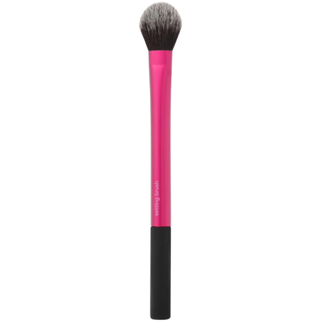 Pinsel mit rosa Griff und schwarzem Ende. Graue Borsten. Auf dem Griff steht "setting brush".