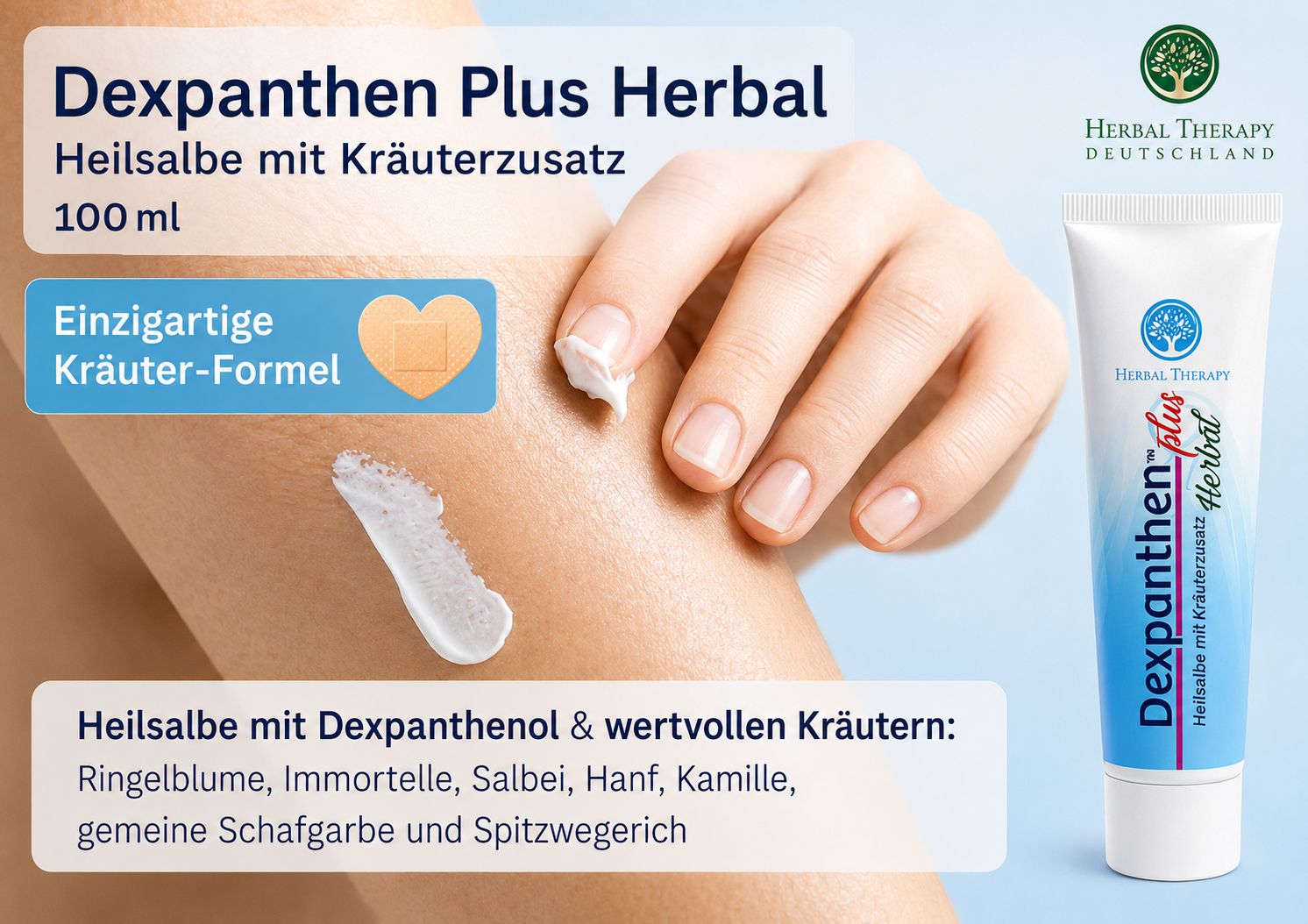 Tube mit Dexpanthen Plus Herbal Salbe, 100 ml. Hand trägt Salbe auf Haut auf.