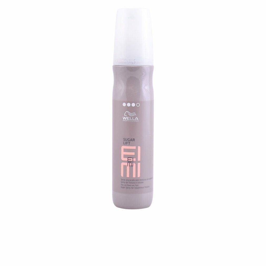 Haarspray-Flasche mit weißem Sprühkopf. Aufschrift: Wella Eimi Sugar Lift. Rosa und graue Farbgebung.
