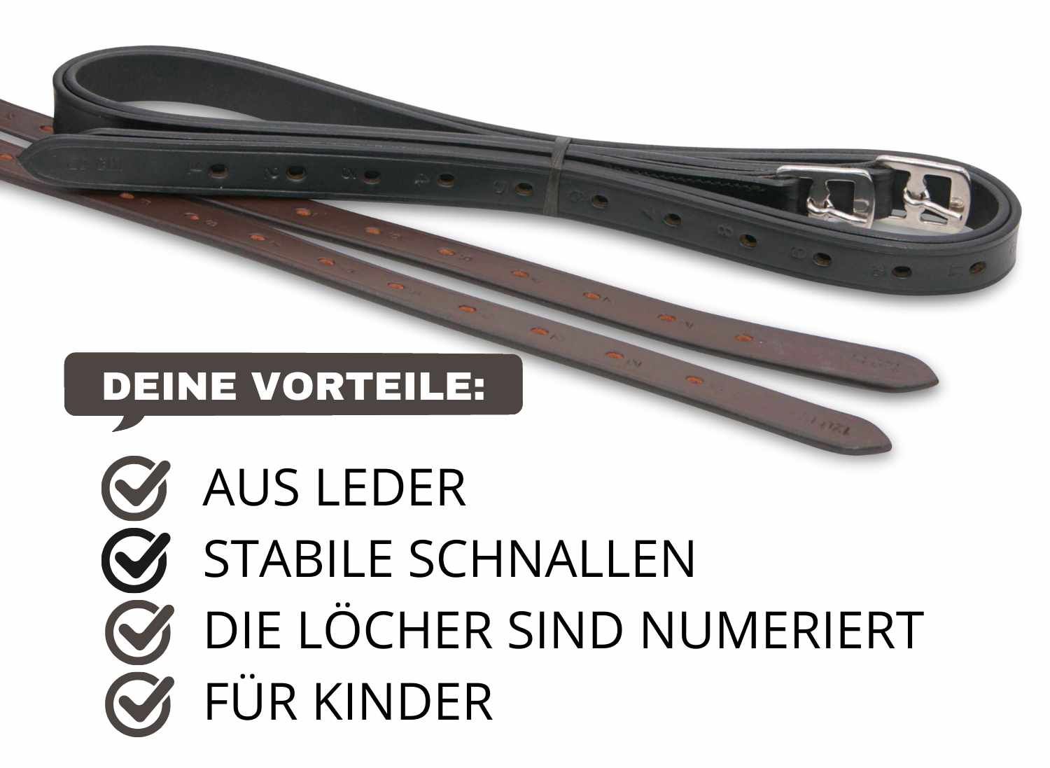 Steigbügelriemen aus Leder mit stabilen Schnallen und nummerierten Löchern. Für Kinder geeignet.