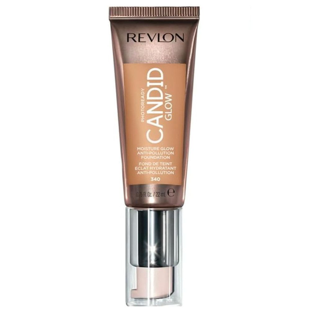 Revlon PhotoReady Candid Glow Foundation. Tube mit Produkt. Text: Candid Glow, Anti-Verschmutzung. Farbton 340.