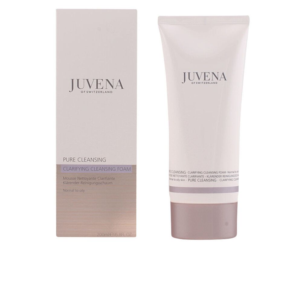 Weisse Tube und Schachtel. Aufschrift Juvena of Switzerland. Produktname: Clarifying Cleansing Foam. Grauer Verschluss.