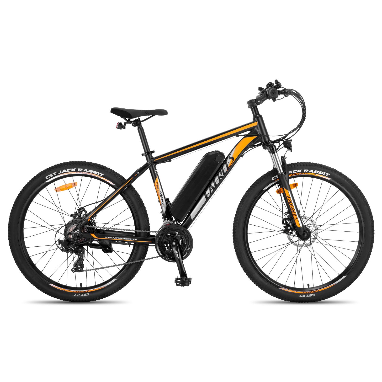Schwarzes E-Mountainbike mit orangefarbenen Akzenten. Sichtbare Marke: Fafrees. Reifen mit CST Jack Rabbit Schriftzug.