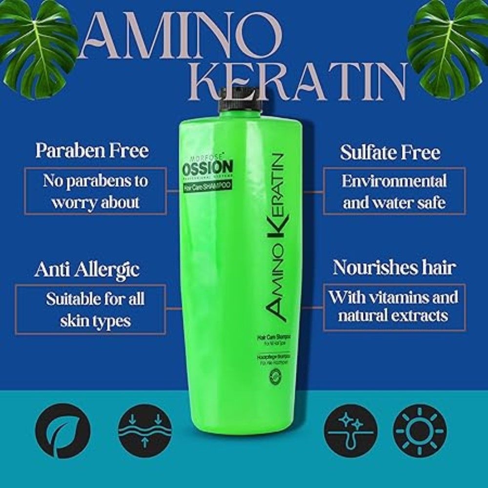 Grüne Flasche Ossion Amino Keratin Shampoo. Text: Amino Keratin, Hair Care Shampoo. Parabenfrei, sulfatfrei, antiallergisch. Für alle Hauttypen geeignet.