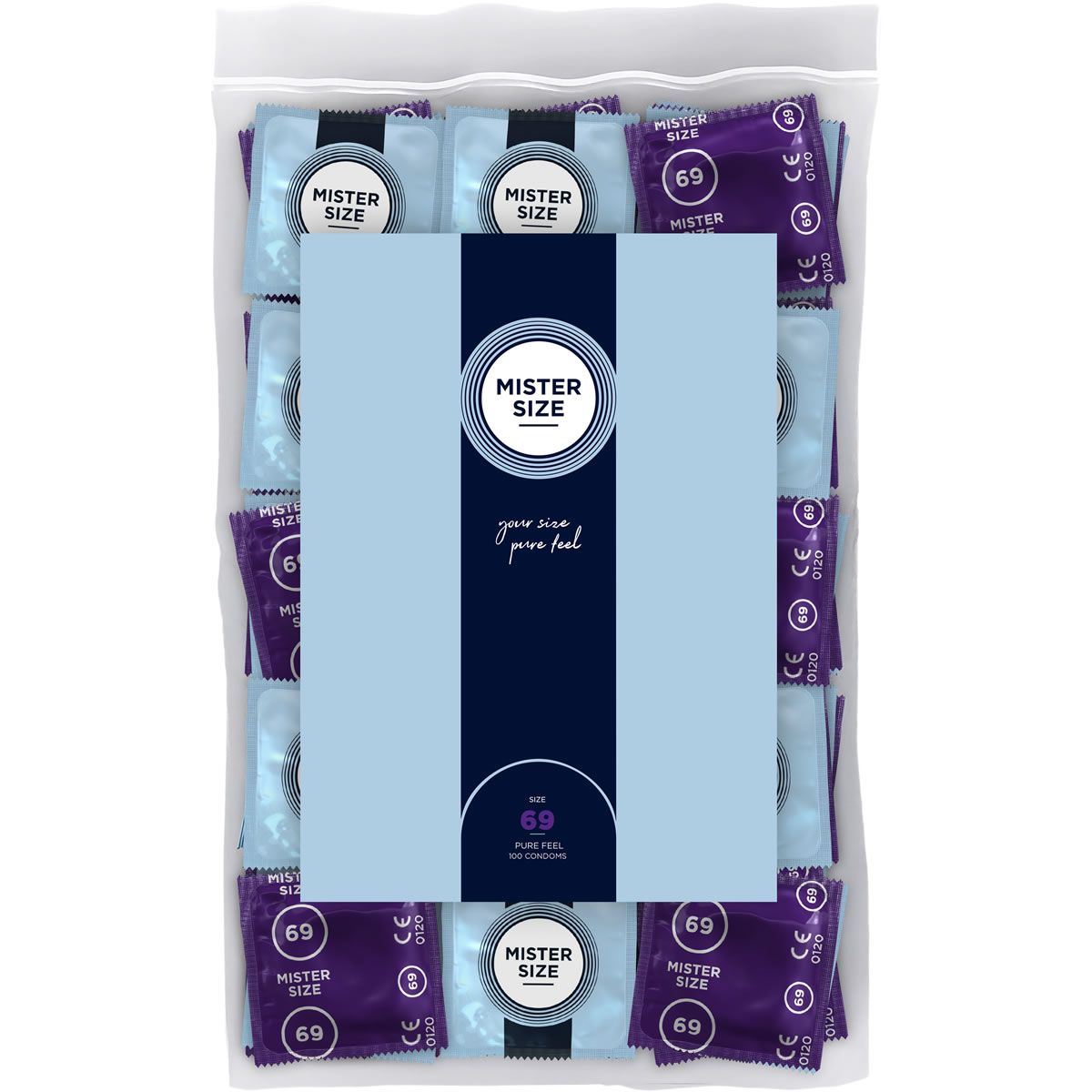 Verpackung mit Kondomen. Sichtbar: Mister Size, 69. Einzeln verpackte Kondome in Folie, in einer transparenten Tüte.