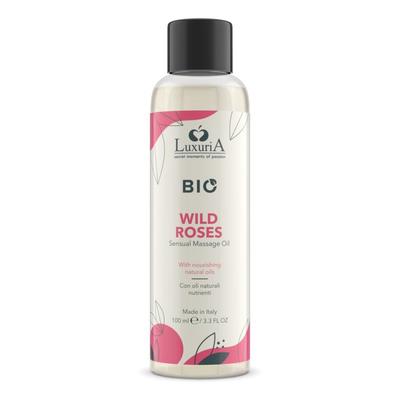 Klarflüssige Flasche mit schwarzem Deckel. Aufschrift: BIO Wild Roses. Mit nährenden Ölen. 100 ml.