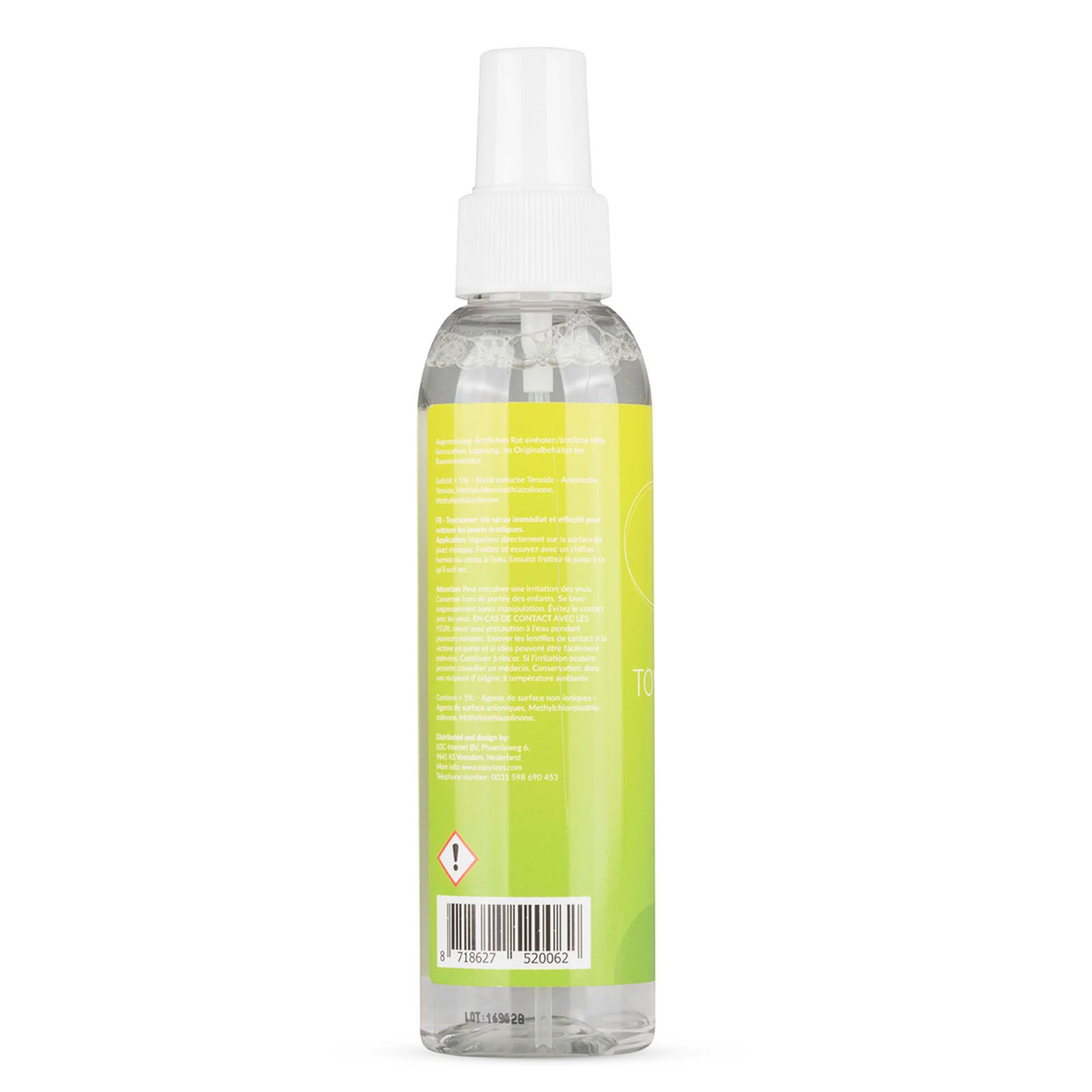 Rückseite der Sprühflasche. Grün-gelbes Etikett mit Text und Barcode. Marke: Easyglide.
