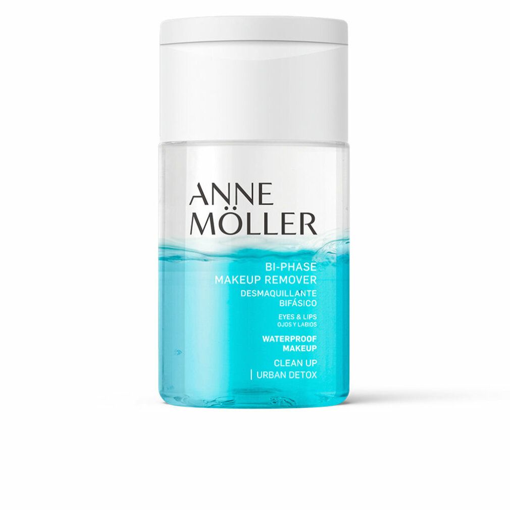 Zweiphasiger Make-up-Entferner. Blaue und transparente Flüssigkeit in einer zylindrischen Flasche. Marke Anne Möller.