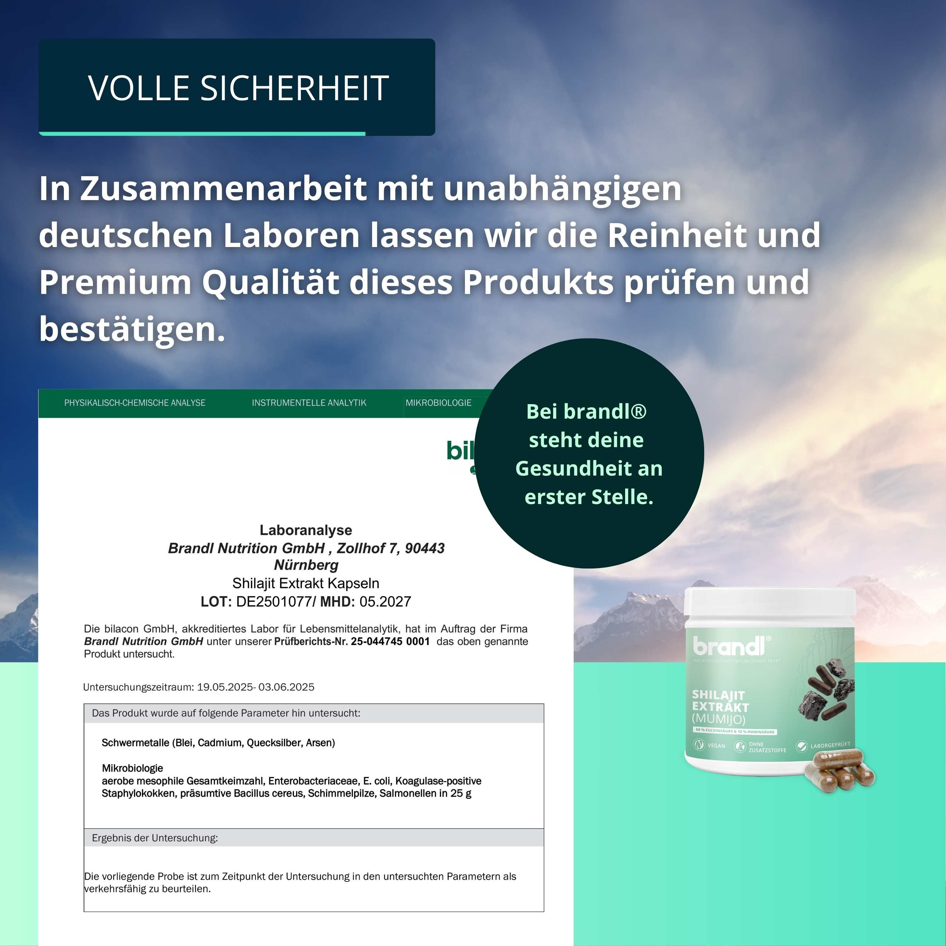 Laboranalyse-Dokument und Produktglas mit Shilajit Extrakt. Text: Reinheit und Premium Qualität. Bei brandl steht Gesundheit.