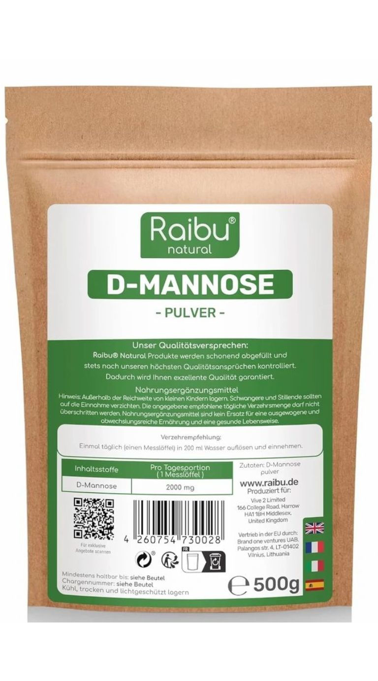 Beutel mit D-Mannose Pulver. Marke Raibu natural. Aufschrift D-Mannose Pulver. Enthält 500g. Mit Nährwertangaben.