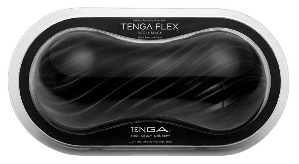 Verpackung mit schwarzem Produkt. Transparente Abdeckung. Text: TENGA FLEX, Rocky Black.
