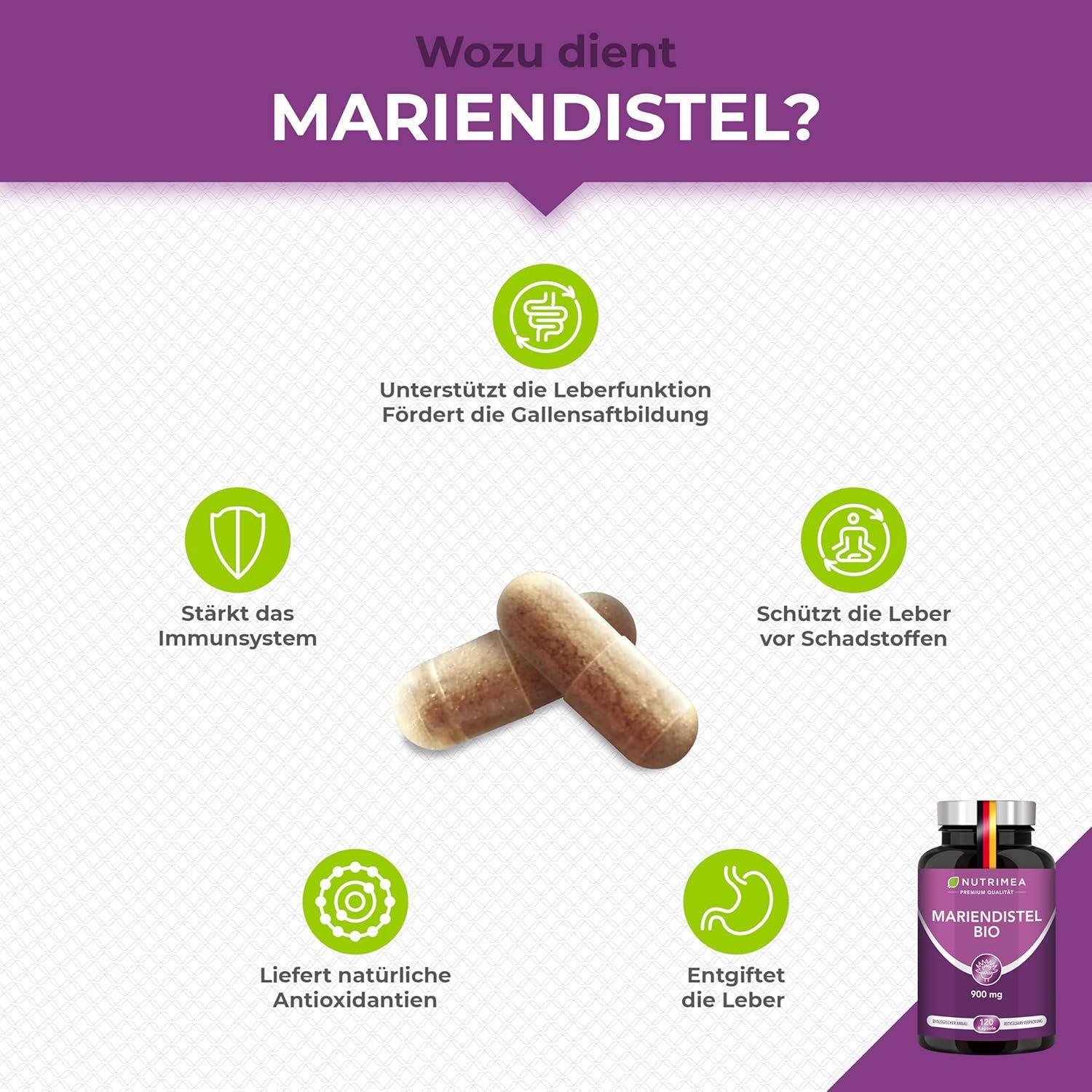 Braune Kapseln neben einer Flasche Mariendistel BIO. Text: Unterstützt Leberfunktion, stärkt Immunsystem, etc.