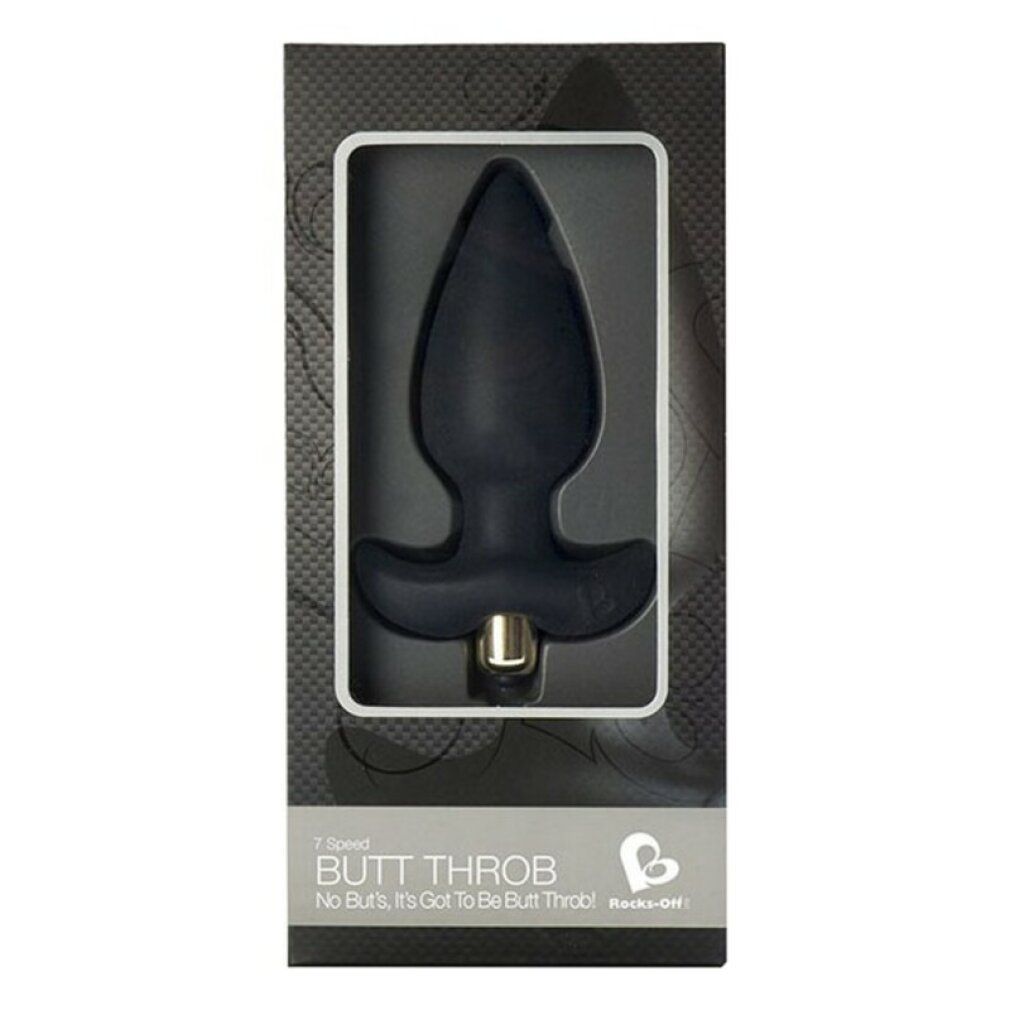 Verpackung mit schwarzem Analplug. Produktname: Butt Throb. Marke: Rocks-Off. Schwarzer Hintergrund.
