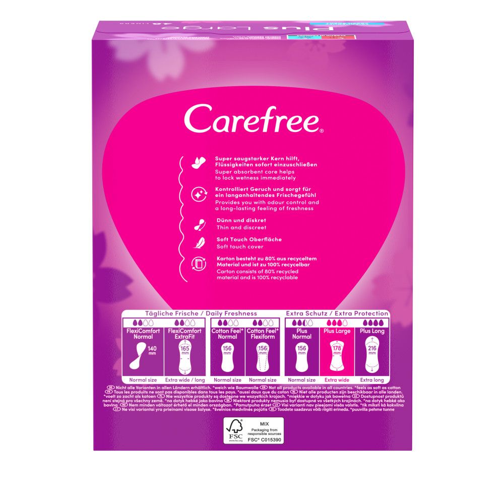 Rückseite der Carefree Plus Large Packung. Produktinformationen, Inhaltsstoffe, Größenvergleich, FSC-Zertifizierung.