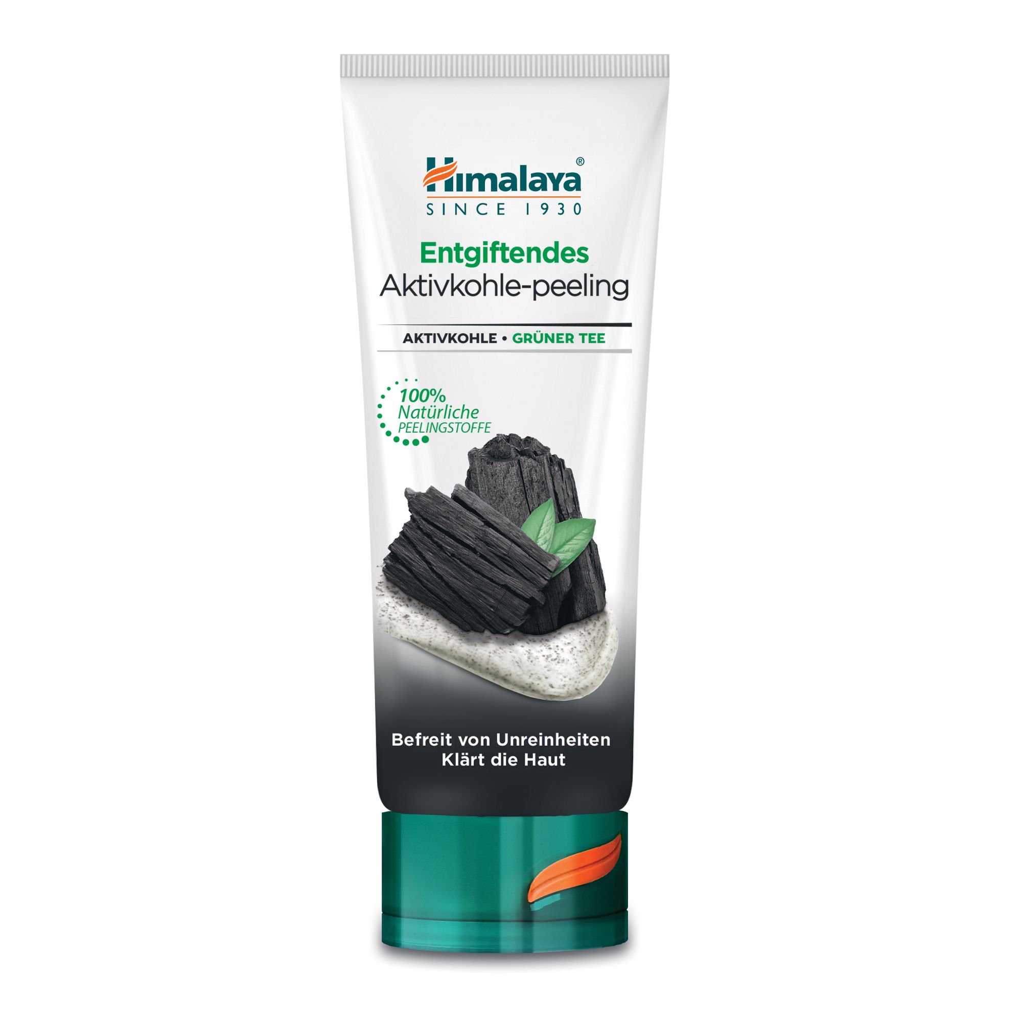 Rückseite der Himalaya Aktivkohle-Peeling Tube (75 ml) mit Anwendungshinweisen und Inhaltsstoffen.