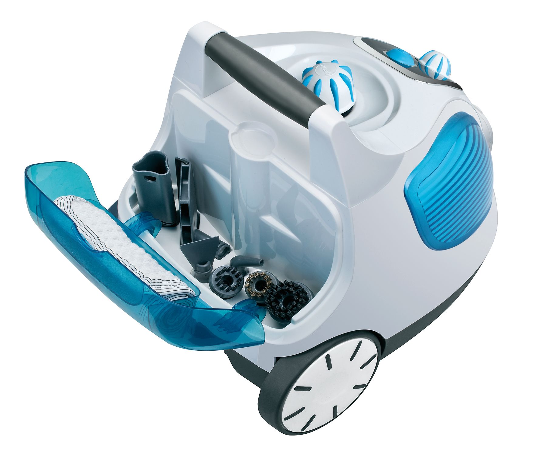 Dampfreiniger THOMAS Vaporo Buggy mit geöffnetem Fach. Zubehör: Düsen, Bürsten, Wischtuch. Weiß-blaues Gehäuse, Räder, Griff.