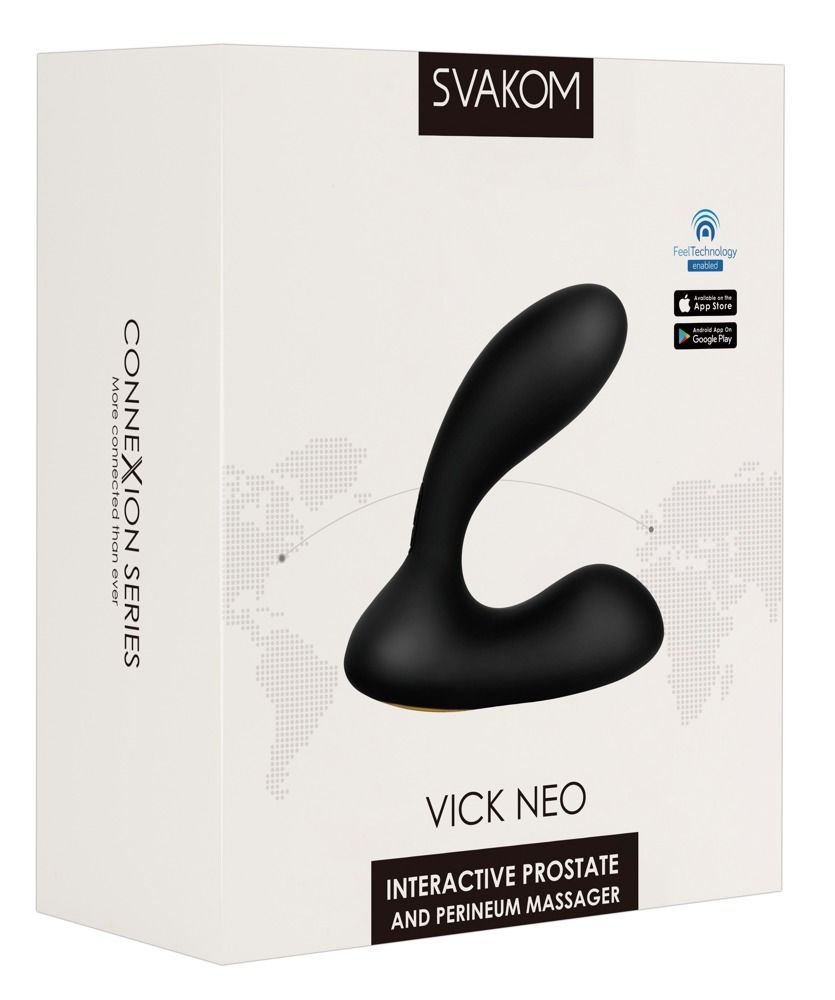 Verpackung von SVAKOM Vick Neo. Text: CONNEXION SERIES. Interactive Prostate and Perineum Massager.