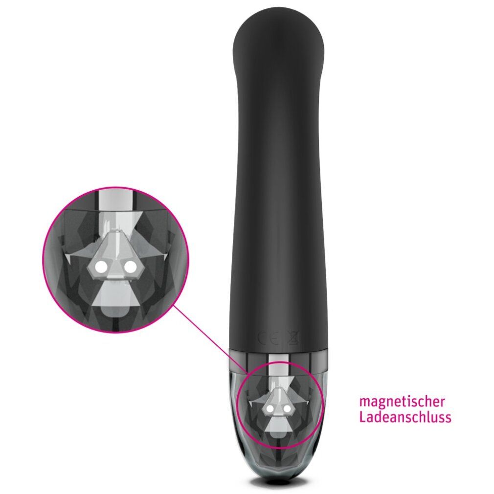 Schwarzer eStim Vibrator. Magnetischer Ladeanschluss. Transparentes Ende. Marke Mystim.