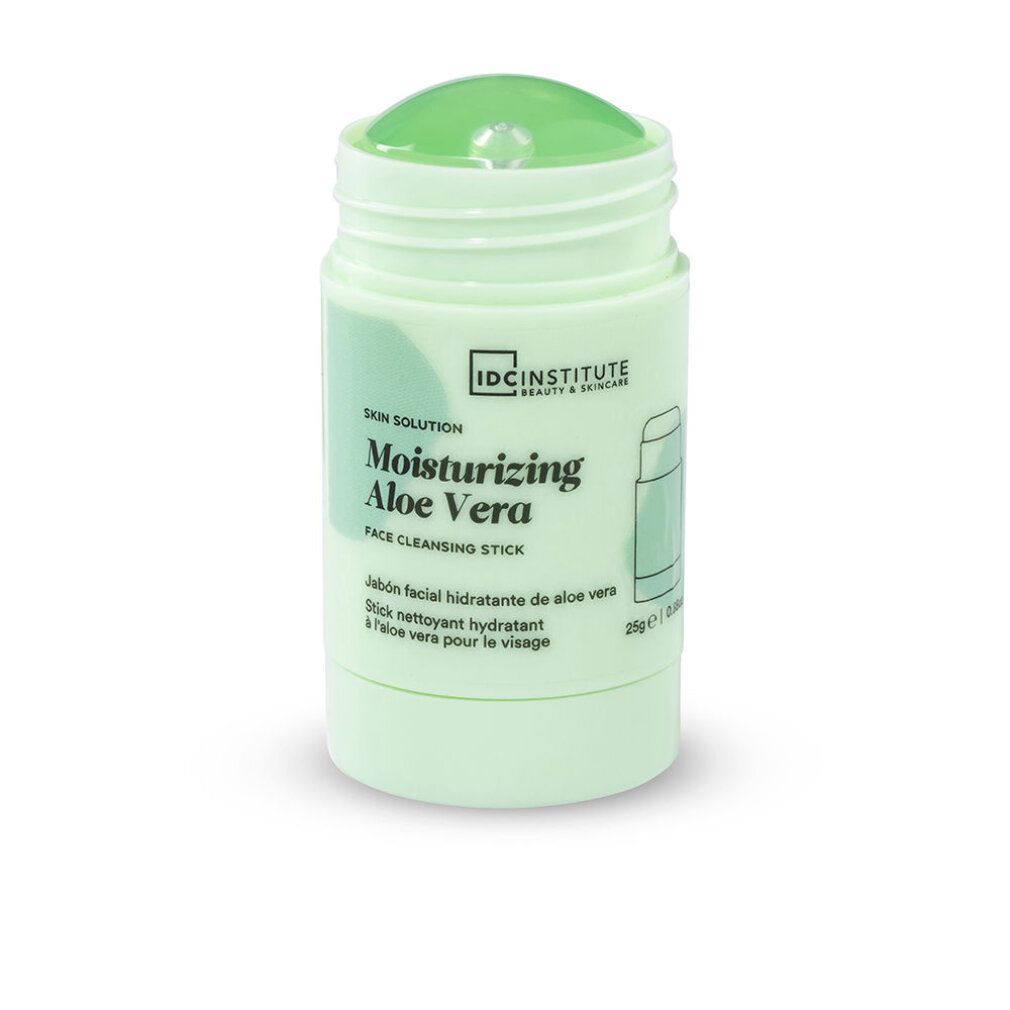 Hellgrüner Stick mit grüner Geloberfläche. Aufschrift: Moisturizing Aloe Vera, Face Cleansing Stick. Marke: IDC Institute.