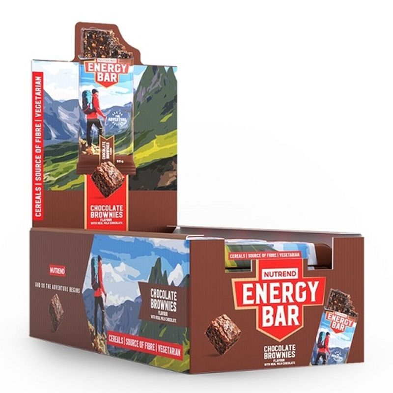 Verkaufsdisplay mit Nutrend Energy Bar. Karton mit Produktabbildungen und Schriftzügen. Einzelne Riegel mit Schokoladen-Brownies-Geschmack.