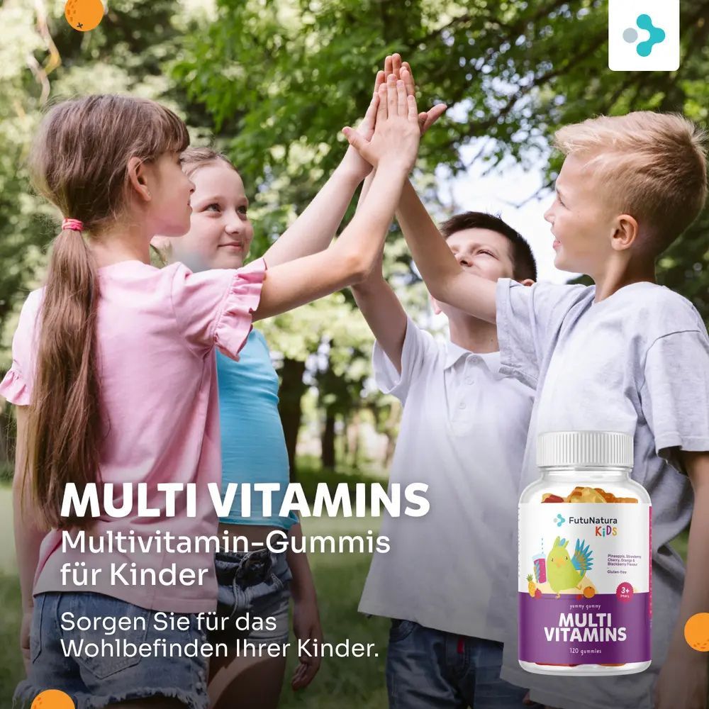 Kinder geben sich High Five, daneben eine Flasche Gummibärchen. Etikett mit Logo, Text "Multi Vitamins" und Illustration eines Papageis. "3+ years".