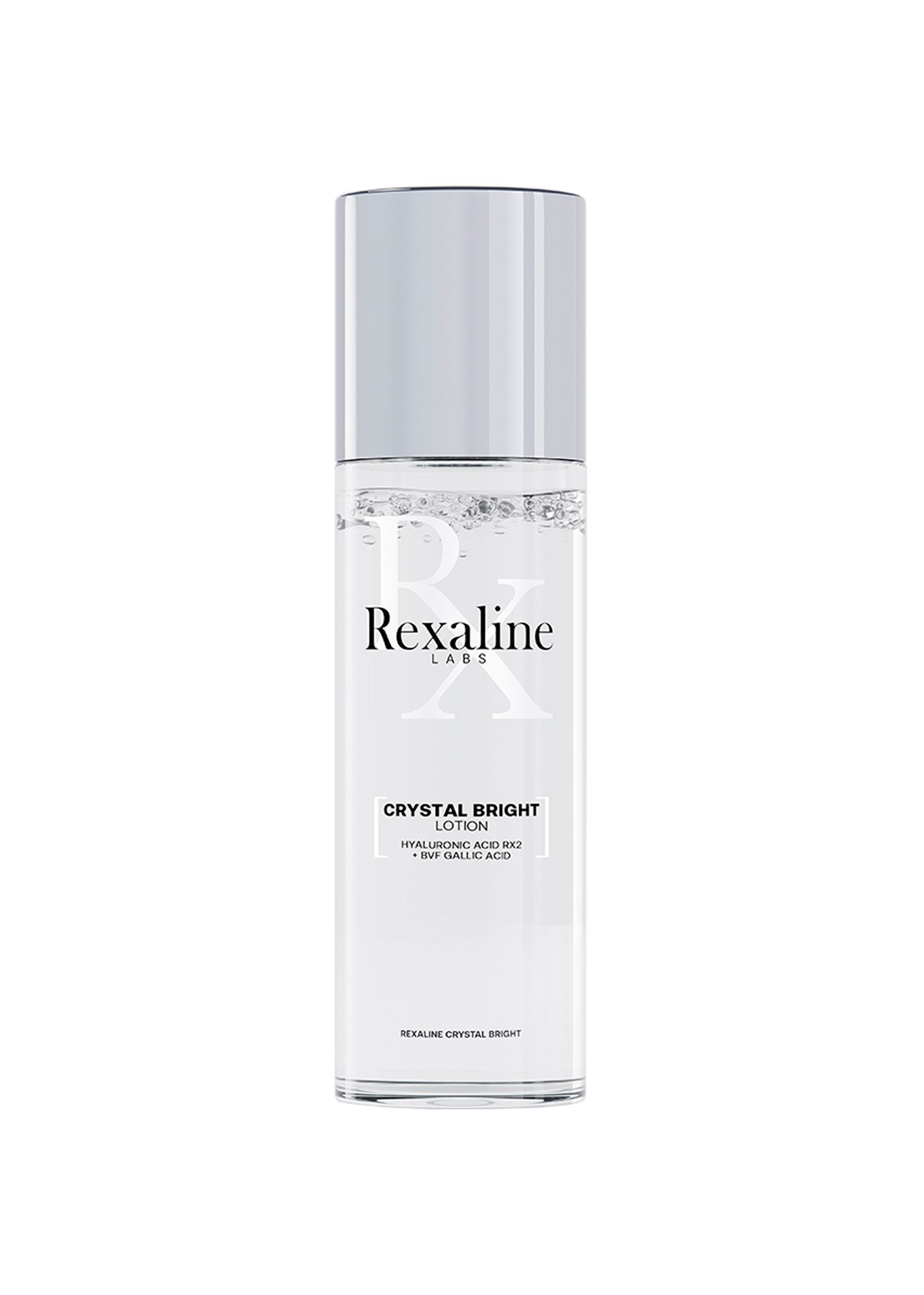 Zylindrische Flasche mit silbernem Deckel. Aufschrift: Rexaline Labs, Crystal Bright Lotion, Hyaluronsäure Duo + Bright Active.
