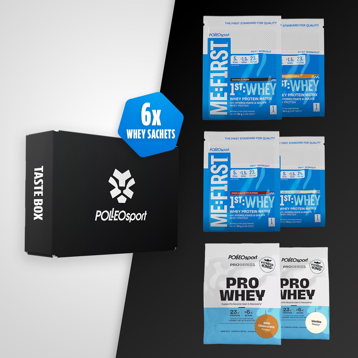 Schwarze Box mit Logo und Schriftzug "TASTE BOX". 6 Whey-Protein-Proben. Blaue und weiße Verpackungen.