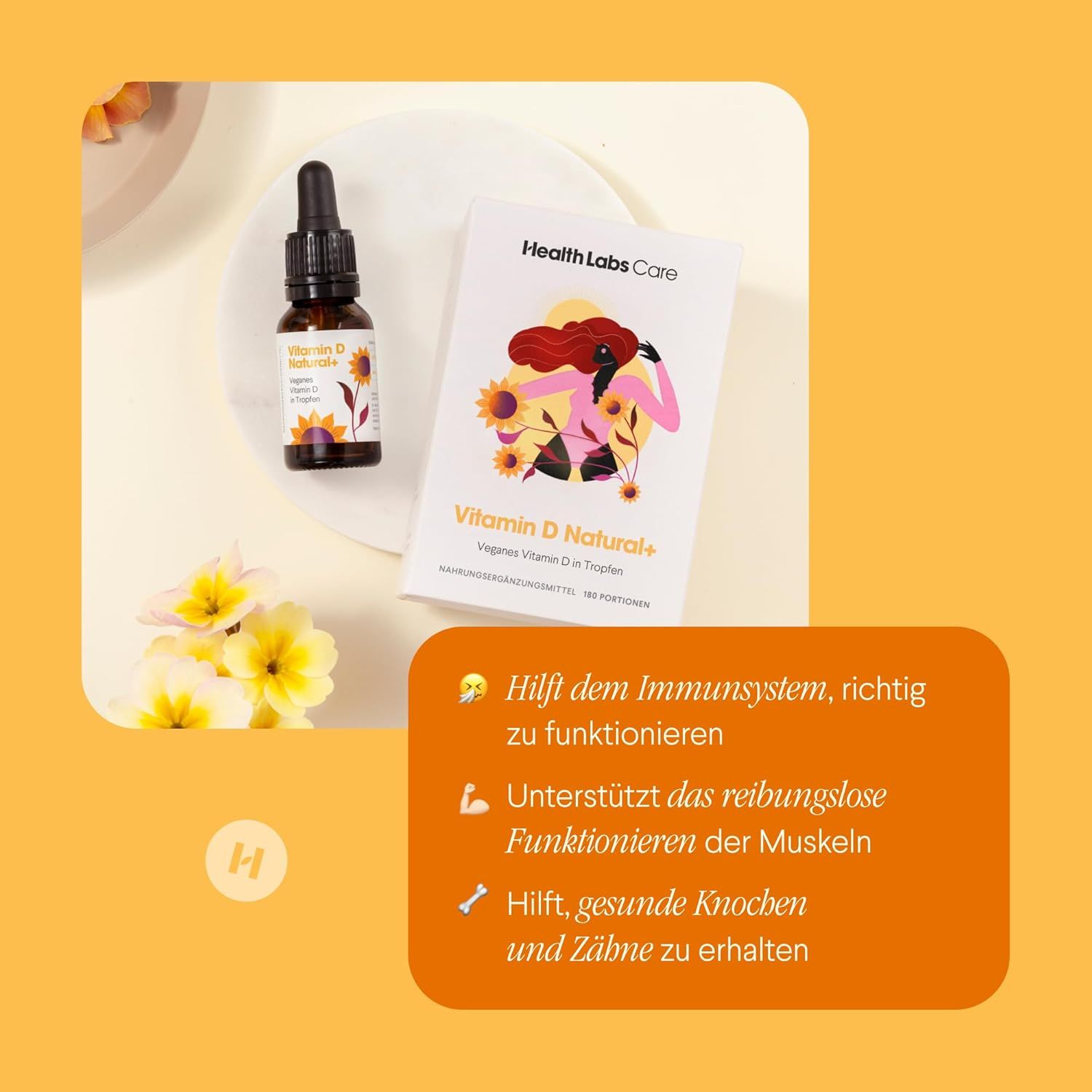 Braune Glasflasche und Schachtel mit Produktinformationen. Aufschrift: Health Labs Care, Vitamin D Natural+. Enthält Tropfen.