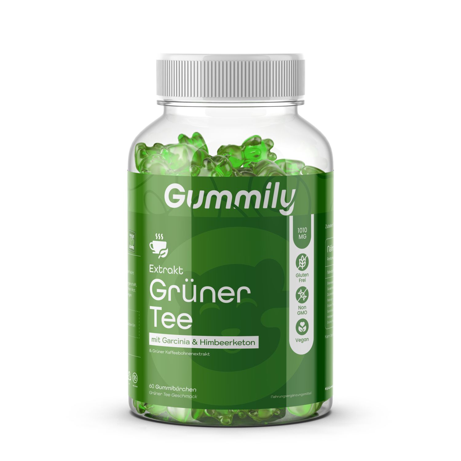 Klare Glasflasche mit grünen Gummibärchen. Aufschrift: Gummily Grüntee-Extrakt. Vegan, glutenfrei, ohne Zuckerzusatz.