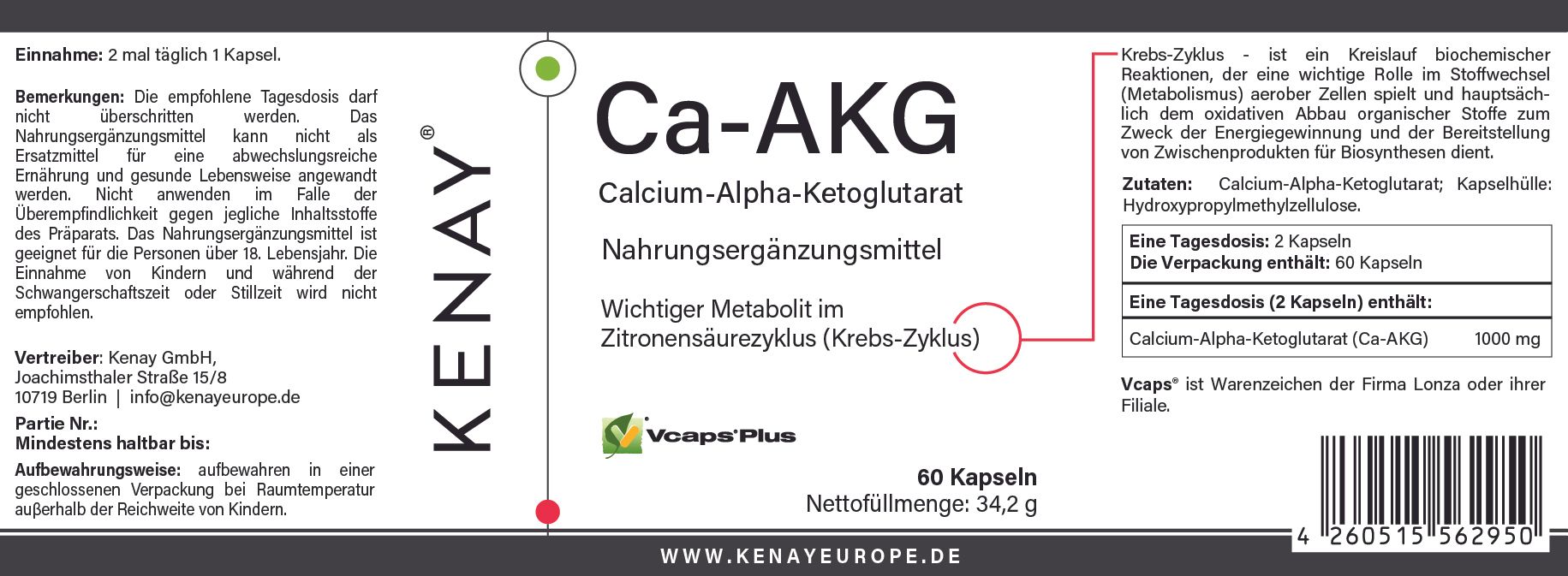 Weißes Etikett mit Text. Aufschrift: Ca-AKG, Calcium-Alpha-Ketoglutarat, Nahrungsergänzungsmittel. 60 Kapseln. Marke KENAY. Informationen zum Produkt.
