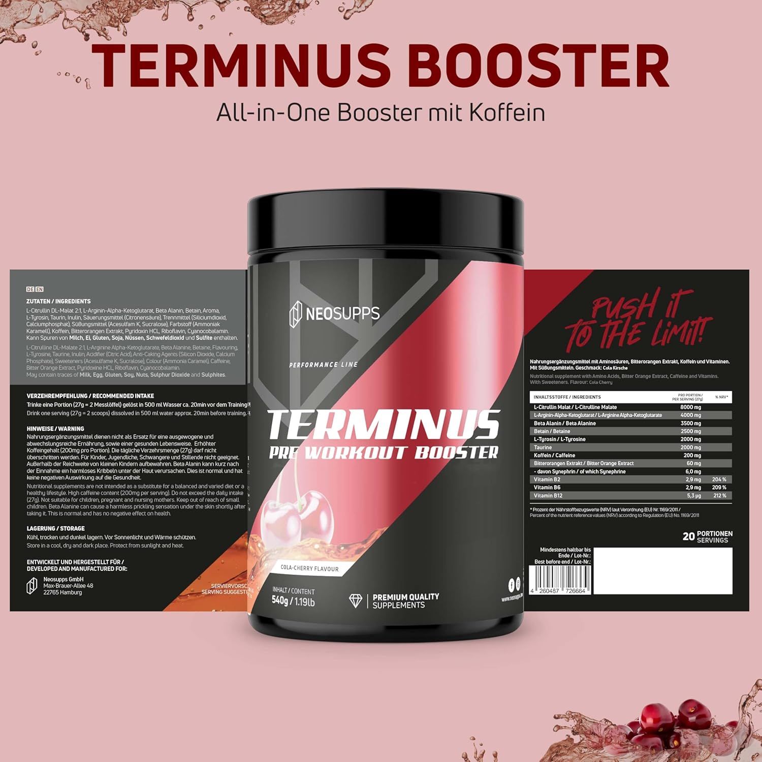 Dose Terminus Booster mit Kirsch-Aroma. Inhaltsstoffe und Nährwertangaben. Premium Qualität Supplements. 540g/1.19lb.