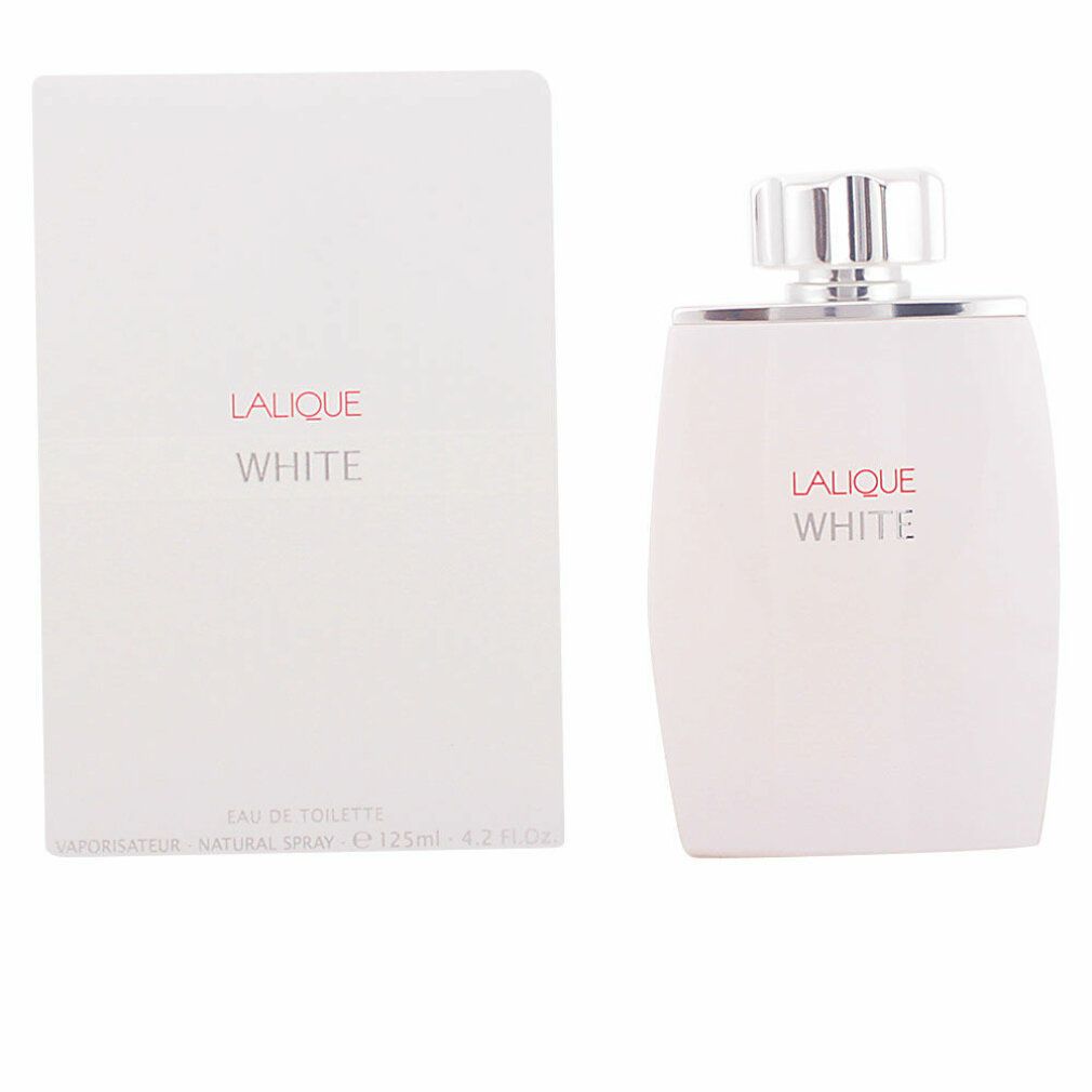 Weiße Flasche und Verpackung. Aufschrift: Lalique White. Flasche mit silbernem Verschluss. Karton daneben.