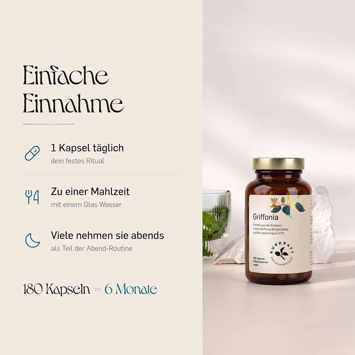 Anleitung zur Einnahme von Kurkraft 5-HTP Kapseln: 1 Kapsel täglich zu einer Mahlzeit. 180 Kapseln = 6 Monate.