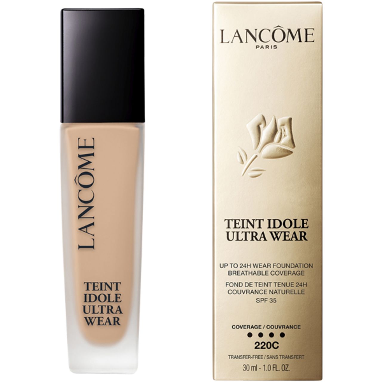 Flüssig-Make-up von Lancôme, Teint Idole Ultra Wear, in Flasche und Verpackung. Mit SPF 35, 220C.