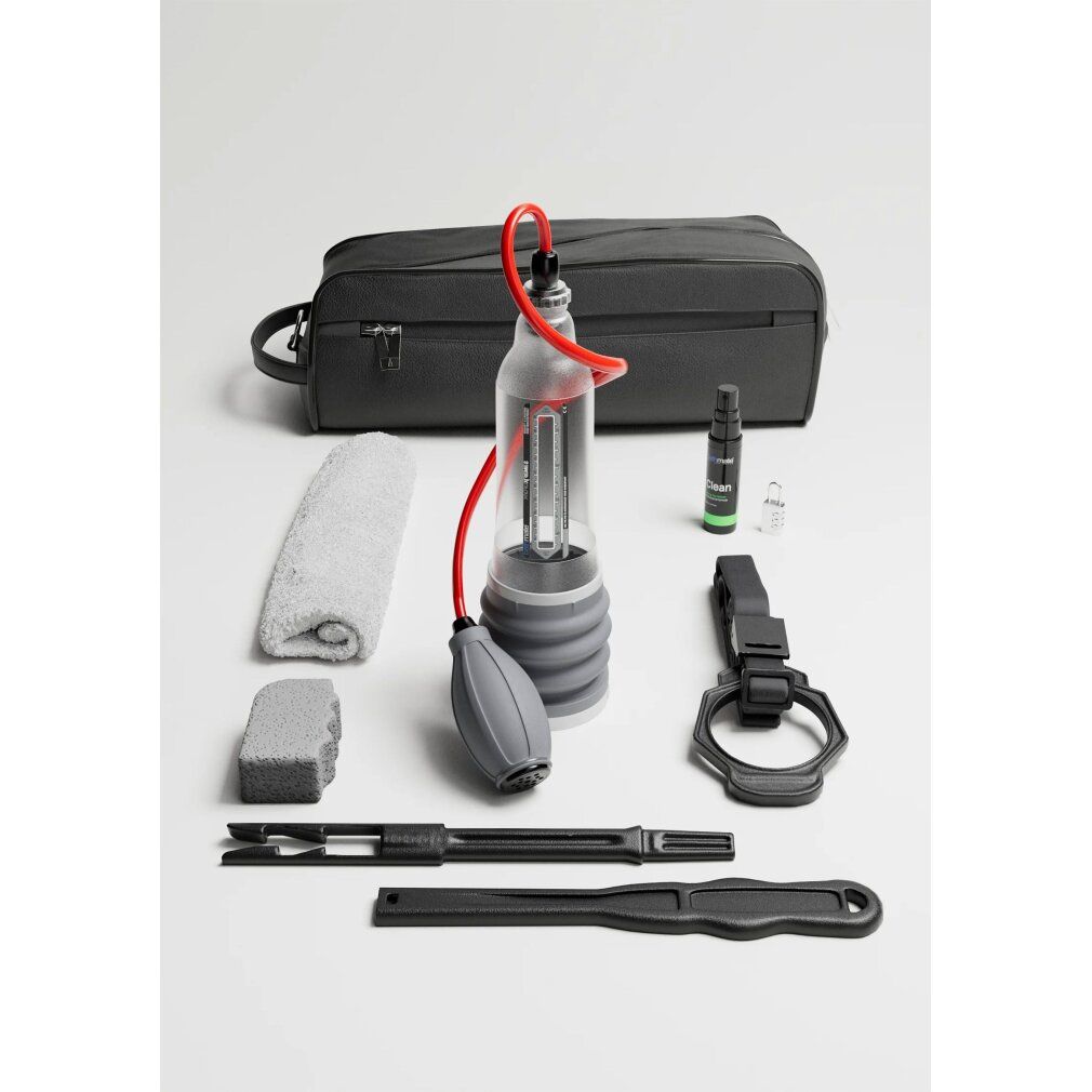 Bathmate HydroXtreme8 Clear Set mit Tasche, Tuch und Zubehör.